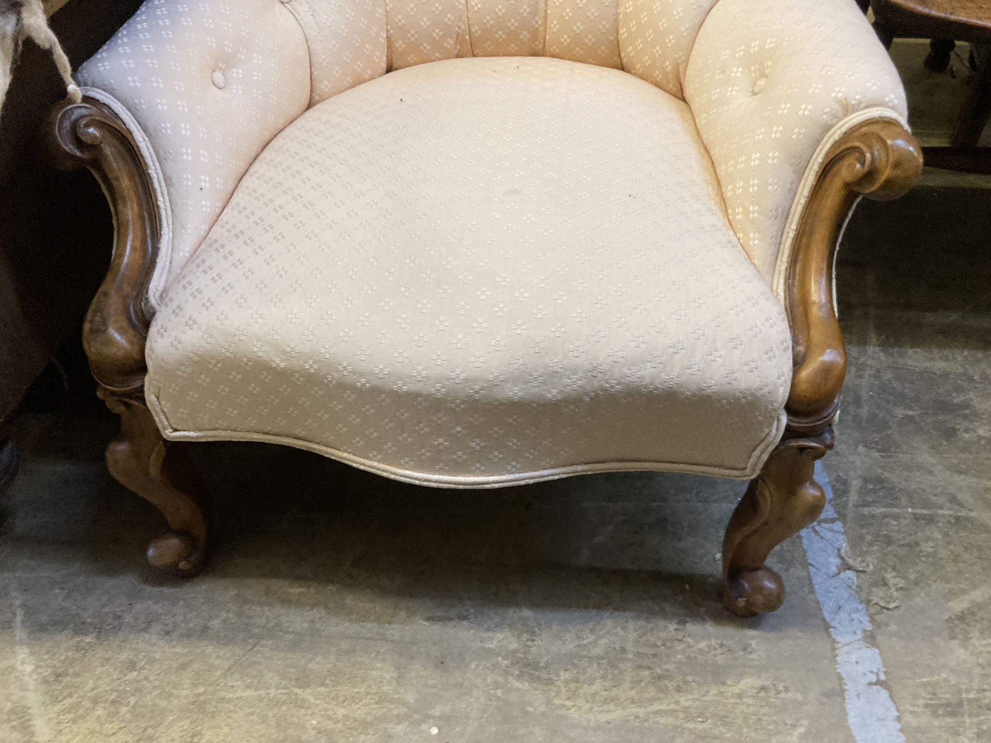 Two Victorian upholstered spoon back buttoned armchairs, larger width 70cm, depth 70cm, height 87cm